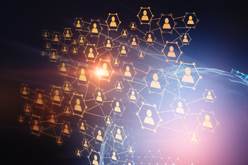 Poster - Glowing social network hologram over Earth, orange