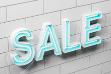 Neon Blue Sale Sign White Brick Wall, Perspective