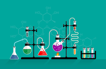 chemistry lab and science equipment. chemical experiment and glass flasks with solution in research 