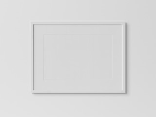 White rectangular horizontal frame hanging on a white wall mockup 3D rendering