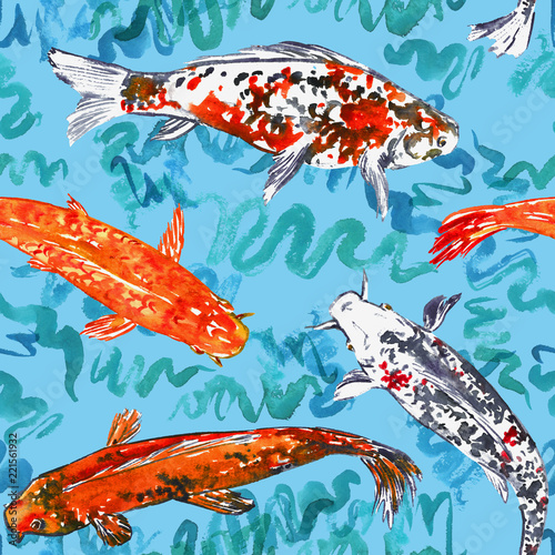 koi-karpiowy-inkasowy-doplyniecie-w-stawie-z-turkusowymi-fala-reka-malujaca