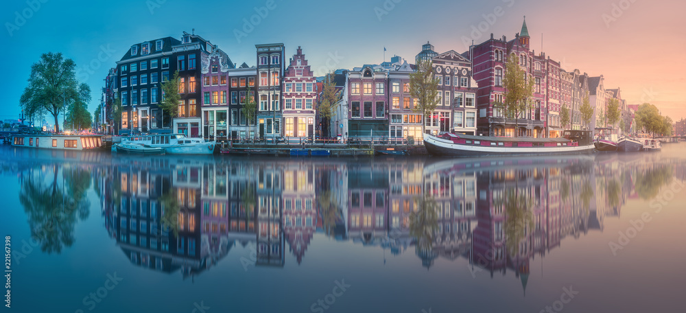 River, canals and traditional old houses Amsterdam - obrazy, fototapety, plakaty 
