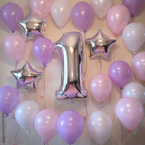 Composition Of Helium Balloons White Pink Lilac Siver Stars And