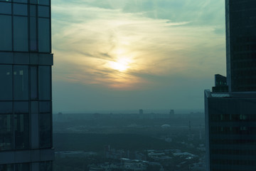 A view from above of Moscow City. This is the new modern disctrict of Moscow at the sunset