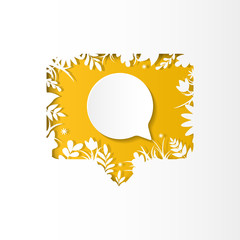 Social network yellow icon new comment with white plants, grass, leaves and flowers, paper cut style