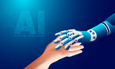 Canvas Print - Futuristic concept for artificial intelligence and virtual world. Robotic hand and human hand connecting with AI text made by computer generate digital structure.