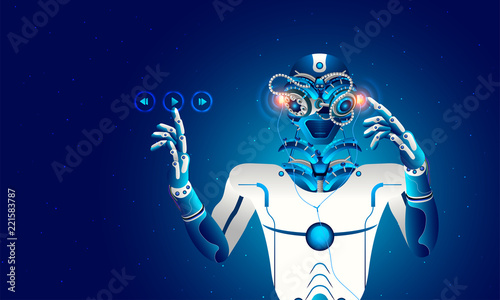 Humanoid robot listening music, cybernetic organism presses play button,  Virtual Reality concept. Stock Vector | Adobe Stock