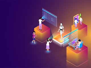 Canvas Print - Virtual Co-Working Space, isometric business people analysis data through VR glasses for remote working concept based web template design.