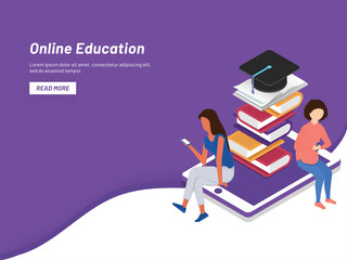 Poster - Isometric illustration of books stack on smartphone screen, people preparing online through mobile for Online Education concept based landing page design.