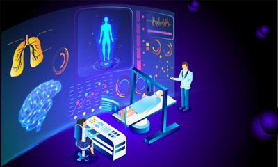 Poster - Futuristic medical technology based isometric design, whole body scanning through machine, doctor find out the disease, Medical Biotechnology concept.