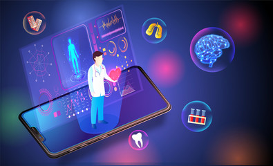 Wall Mural - Isometric smartphone with medical health care app based futuristic technology with medical equipments on shiny blurred background.