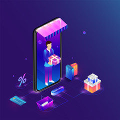 Sticker - Isometric smartphone with home delivery service, multiple shopping equipments on shiny background. Online shopping concept based wen template.