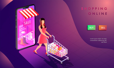 Poster - 3d illustration of woman shop online, smartphone with online shopping store on abstract purple background. Responsive web template design for  Online Shopping concept.