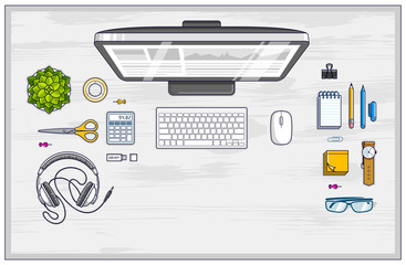 Fototapete - Office employee or entrepreneur work desk workplace with PC computer and diverse stationery objects for work with copy space for text. All elements are easy to use separately. Vector.