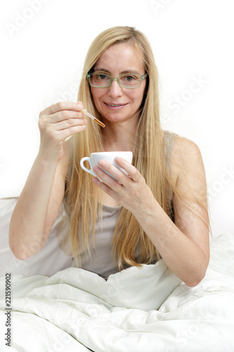 Middle Age Woman Real Portrait Bed Bedroom Blonde Long Hair Fifty