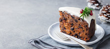 Christmas Fruit Cake, Pudding On White Plate. Copy Space.