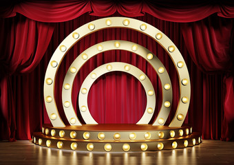 Wall Mural - interior of the theater with red velvet curtains and golden decorative scene.