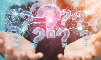 Poster - businesswoman solving problem with digital question marks 3d rendering