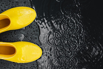 Yellow glossy gumboots stand in the rain on a black background covered with drops, near the puddle . Top view, copy space