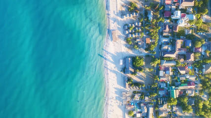 Wall Mural - houses on the beach in france. aerial view of luxury resting at sunny day. summer seascape from air.