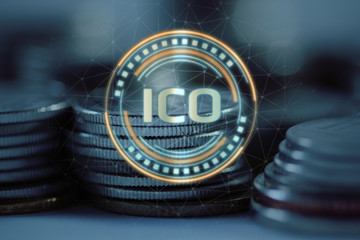 Poster - initial coin offering (ico) hologram hover over pile of regular coins. illustration of solution to n