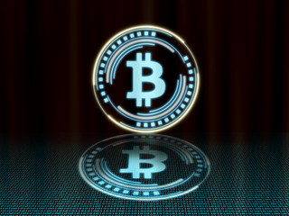 Poster - Gold bitcoin with glowing blue led color giving a feeling of sci-fi science. With mirror reflect on blue binary floor. For crypto currency, logo, modern, neat concept