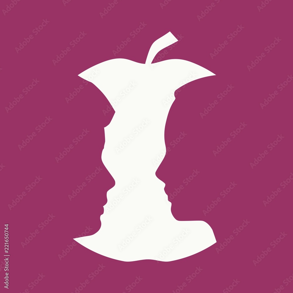 An apple or two face profile view. Optical illusion. Human head make silhouette of fruit - obrazy, fototapety, plakaty 