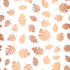 Wall Mural - Rose gold foil leaves seamless vector background. Copper scattered leaf pattern. rose gold on white elegant backdrop for weddings, celebrations, party, cards, invitation, birthday, paper, web banners