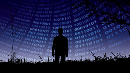 Silhouette of human standing in nature with computer screen background. Digital numbers with blue colors.