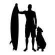 © majivecka - Vector silhouette of man with surf board and his dog on white background.