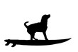 © majivecka - Vector silhouette of dog with surf board on white background.
