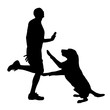 © majivecka - Vector silhouette of man who plays with his dog on white background.