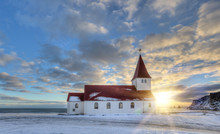 Typical Red Colored Wooden Church In Vik Town, Iceland In Winter.