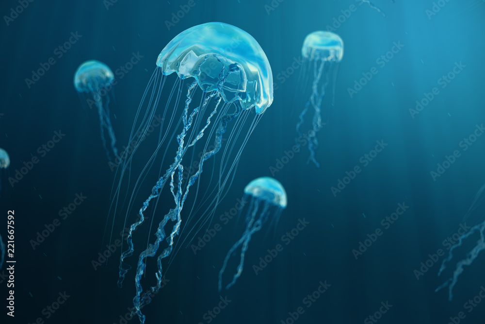 3D illustration background of jellyfish. Jellyfish swims in the ocean sea, light passes through the water, creating the effect of volume-rays. Dangerous blue jellyfish - obrazy, fototapety, plakaty 