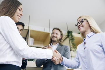 Businesswomen handshaking after deal agreement