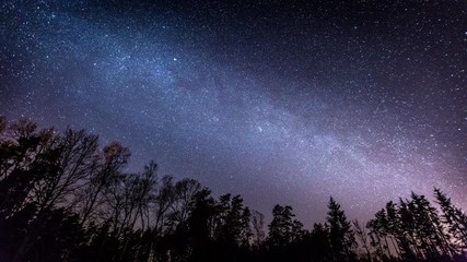 Wall Mural - 4k time-lapse with milky way and starry sky over forest. european sky at spring. 3840x2160