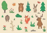 Fototapeta Konie - Funny animal characters standing among trees and bushes. Set of flat vector illustrations. Isolated on beige background.
