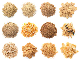 Set with different cereal grains on white background, top view