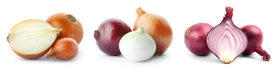 Set with fresh onions on white background