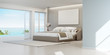 © terng99 - Sea view bedroom of luxury summer beach house with double bed near wooden floor terrace and swimming pool. Empty white frame on wall in vacation home or holiday villa. Hotel interior 3d illustration.