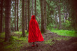  Concept of Halloween. Beautiful and simple costume of little red hood. Mysterious hooded figure in misty forest. Girl in red raincoat. Cosplay Fairy Tale Little Red Riding Hood 