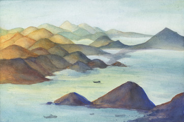 Wall Mural - Mountain landscape with a peaks in ocean - panoramic view of sea, beautiful rocks at sunset. Watercolor hand drawn painting illustration.