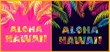 T-shirt prints variation with Aloha Hawaii lettering and coconut palm leaves on pink and black background