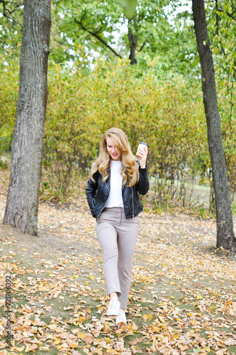 Pretty Young Woman Walking In Autumn Park Relax Leisure Black Pretty Young Woman Walking In Autumn Park Relax Leisure Black
