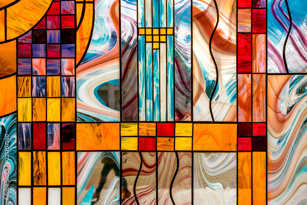 image of a multicolored stained glass window with an irregular block pattern, an abstract pattern on the glass, a trend, a multicolored geometric background - obrazy, fototapety, plakaty 
