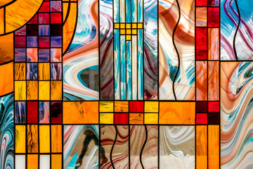 image of a multicolored stained glass window with an irregular block pattern, an abstract pattern on the glass, a trend, a multicolored geometric background