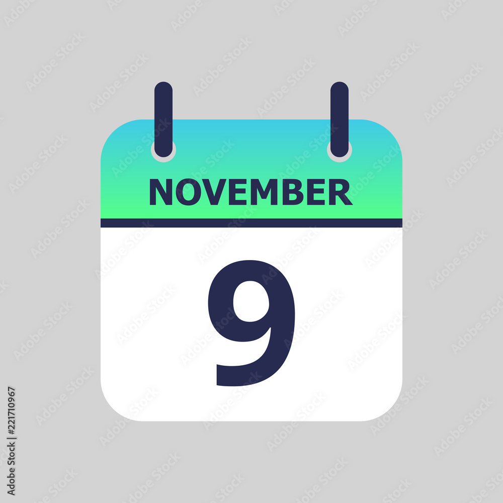 Image vectorielle Stock Flat icon calendar 9th of November isolated on gray background. Vector illustration. | Adobe Stock