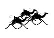 Black silhouette graphic of camels during camel races with a robot rider on the humps. Three elegant running dromedary, vector illustration, isolated on background.