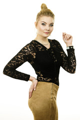 Woman wearing stylish lace top