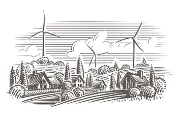 Wall Mural - Countryside landscape with wind turbines on the background engraving style illustration. Vector. Layered.